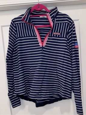 Vineyard Vines Navy & White Striped Top with Pink Trim
